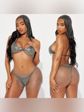 Silver Chainmail Bikini 5-Piece Set with Skirt & Headpiece | NWOT | M/L